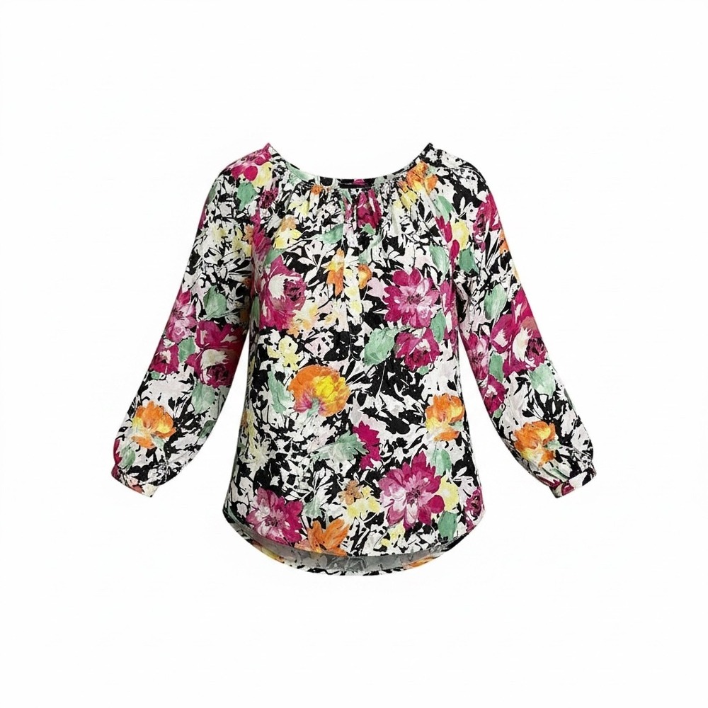 Lauren Ralph Lauren Womens Large Floral Print 3/4 Sleeve Button Neck Blouse Top